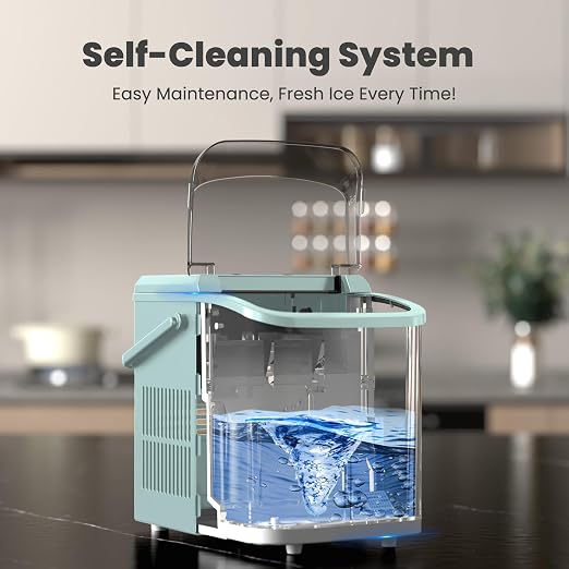 DUMOS Countertop Ice Maker with Handle, 26lbs/24H, Makes 9 Bullet Cubes in 6 Mins, Auto-Cleaning, Portable Ice Machine for Home Kitchen RV Camping, Green