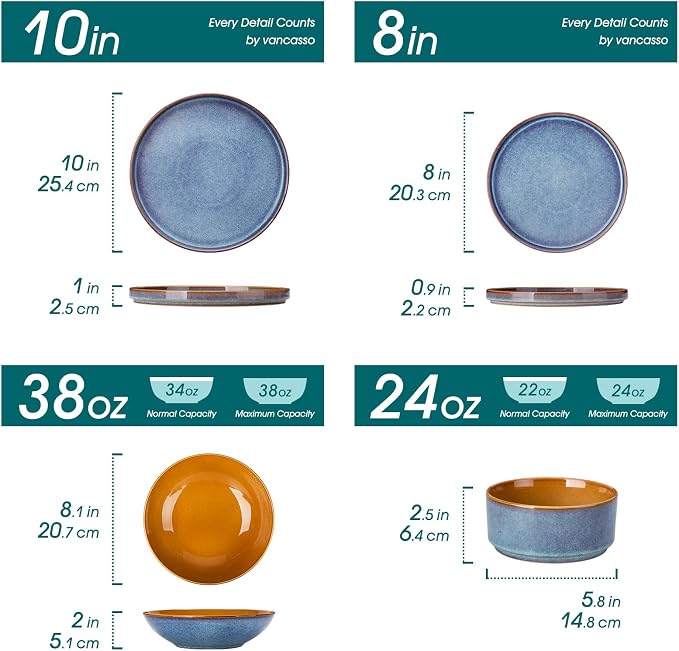 ONION Ceramic Plates and Bowls Sets for 6, 24 Pieces Stoneware Dinnerware Sets for Kitchen, Reactive Glaze Dish Set, Dishwasher and Microwave Safe, Blue