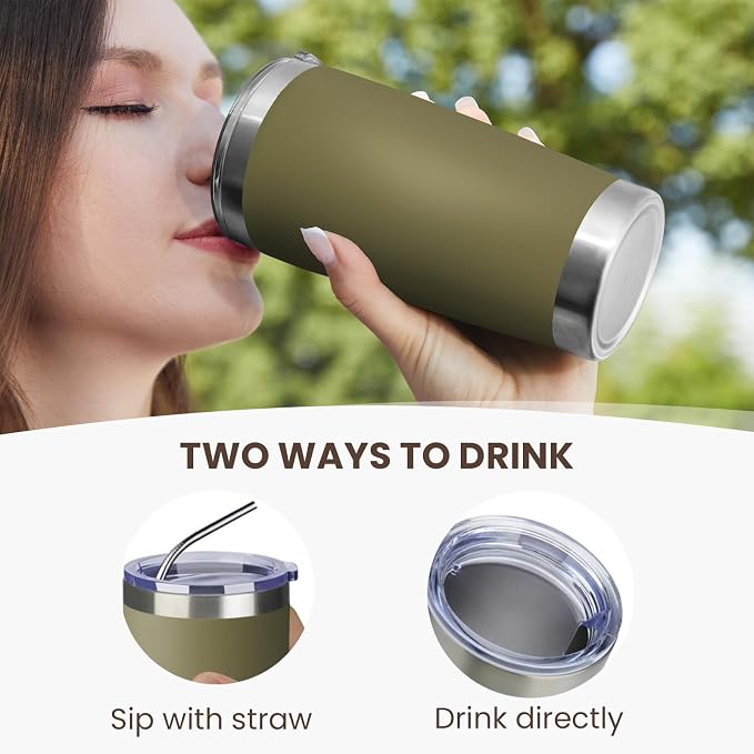 MEWAY 20oz Tumbler 4 Pack Double Wall Vacuum Insulated Travel Mug Bulk, Stainless Steel Tumblers with Lid and Straw, Durable Powder Coated Coffee Cups for Cold & Hot Drinks (Army Green, 4)