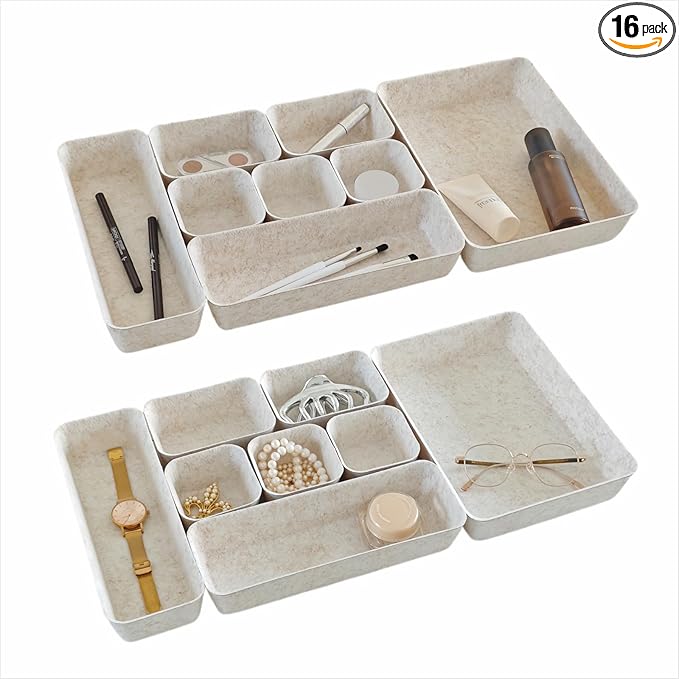 16-Piece Felt Drawer Organizer Set in 4-Sizes, Made from Eco-Friendly Material for Vanity, Makeup, Desk, Office, Kitchen, and Nightstand, Oatmeal