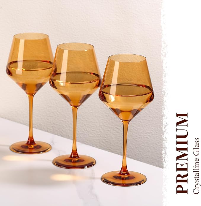 Amber Wine Glasses Set of 6-17.5oz Long Stem Crystal Wine Glasses, Handcrafted Blown Colorful Stemware, Elegant Drinkware Gift for Wedding Housewarming Wine Enthusiasts