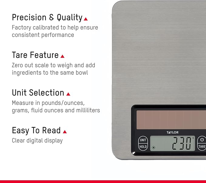 Taylor Light Powered Digital Kitchen Scale, Light Energy Scale with Stainless Steel Platform, Light Powered Panel with Endless Power, No Batteries Needed, Energy-Saving, High 11lb Capacity, Silver