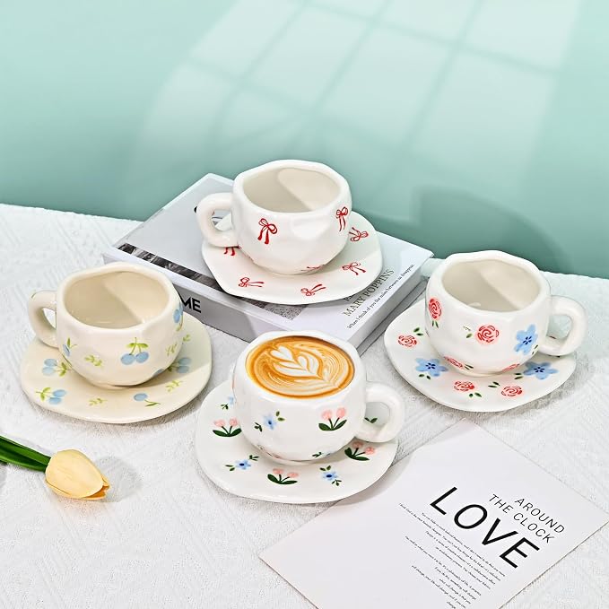 Koythin Ceramic Coffee Mug with Saucer Set, Cute Creative Red Rose Cup Unique Irregular Design for Office and Home, 10 oz/300 ml for Latte Tea Milk