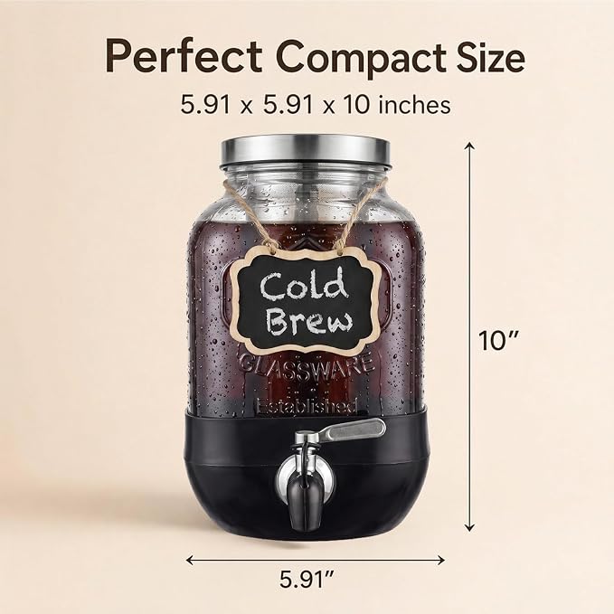 Cold Brew Coffee Maker With, Cold Brew Pitcher,1 Gallon Glass Pitcher With Stainless Steel Filter,304 Stainless Steel Leak-Proof Spigot,100% Leakproof,Large Iced Coffee Maker for Home, Easy to Use
