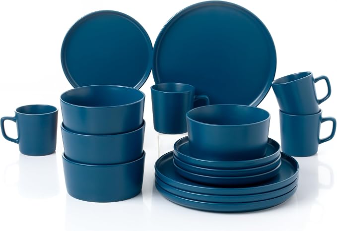 Lorren Home Trends Blue Stoneware Dinnerware Set, 16 Piece, Service for 4, Microwave and Dishwasher Safe