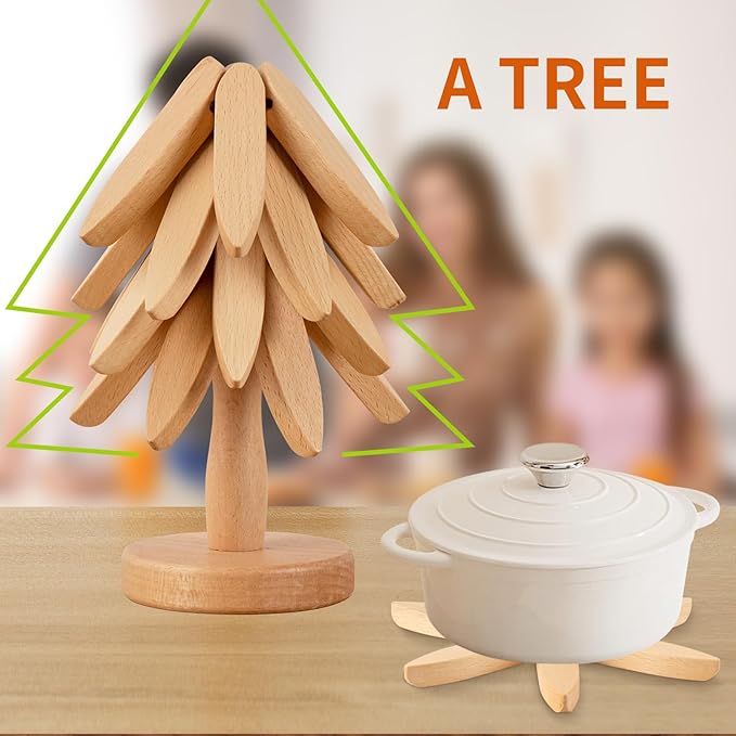 Vertdens Wooden Trivets for Hot Dishes, Hot Dish Coaster with Tree-Shaped Wood Collapsible Hot Pad Trivet Tree for Restaurant, 4 Wooden Trivet + 1 Stand（Beech Wood）