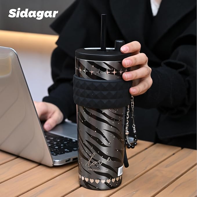 24 oz Stainless Steel Tumbler with Lid and Straw, Insulated Coffee Mug, Leak Proof, Portable Iced Travel Water Bottle, Reusable Thermal Coffee Cup Gift for Women, Black