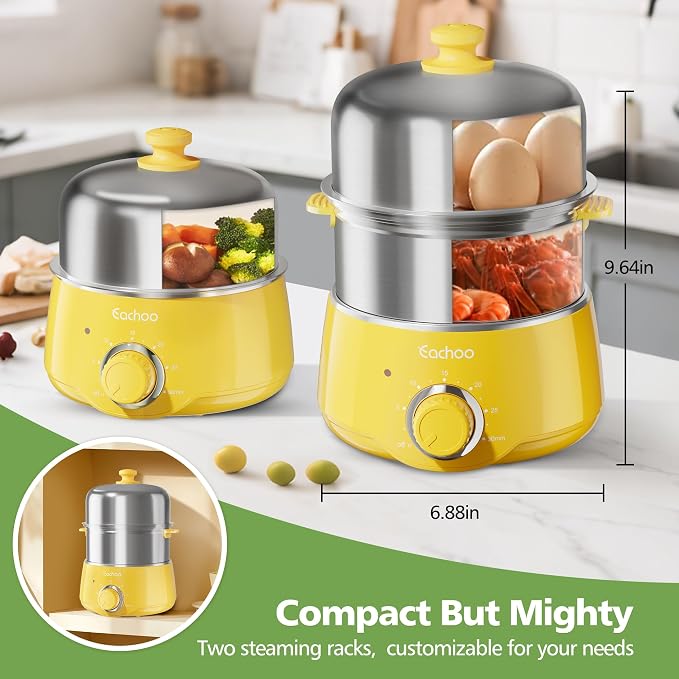 CACHOO Hard Boiled Egg Cooker, Stainless Steel Egg Boiler with 30-Min Timer | 14 Eggs, Auto Shut Off & Dishwasher Safe, Compact Electric Vegetable Steamer for Cooking, Yellow