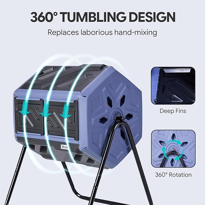Werph Updated 43 Gallon Dual-Chamber Compost Bin, Fast Assembly Rotating Outdoor Compost Tumbler, Batch Composter with Gloves for Garden, Kitchen, and Yard Waste, Purple & Black