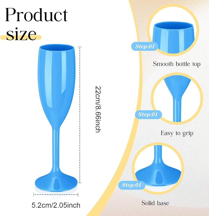 Maxcheck 24 Pcs Champagne Flutes Bulk Acrylic Toasting Drinking Flute Unbreakable Goblet Champagne Cups 6 oz Plastic Wine Glasses for Mother's Day Wedding Bridal Shower Anniversary Party (Blue)
