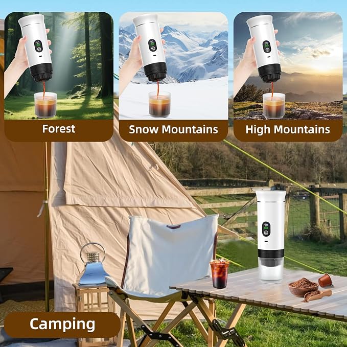 Portable Coffee Maker for Travel & Camping, Portable Espresso Maker with Bag, Rechargeable Cordless Battery Operated Coffee Makers for Ground Coffee, NS Capsule RV, Hiking, Office(White)