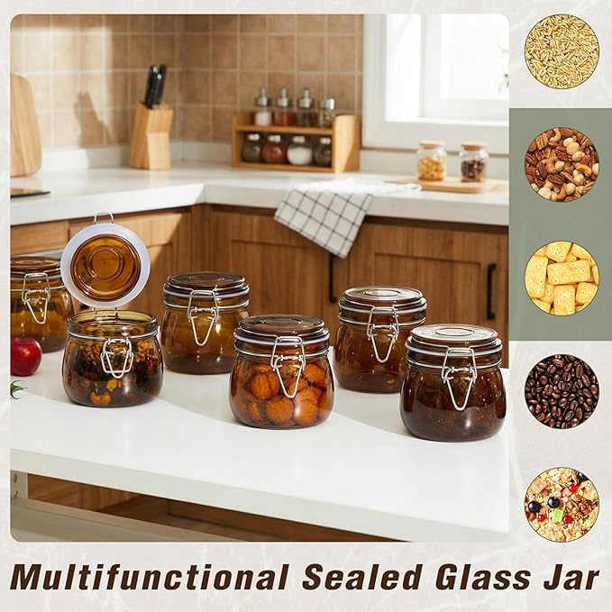 Norme 6 Pack 16oz Amber Airtight Glass Jars with Lids, Round Food Storage Container Airtight Food Wire Clip Fastening for Sauerkraut Flour Kitchen Sugar Cereal Kitchen Canning Pickling Mason Jars