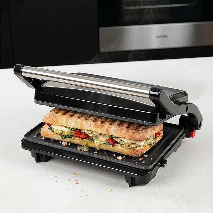 Alpha Living Electric Griddle Panini Press Sandwich Maker – Stainless Steel Panini Grill Press Sandwich Maker with Aluminum Griddle – Non-Stick Coating – 180-Degree Hinge for Thick and Thin Foods