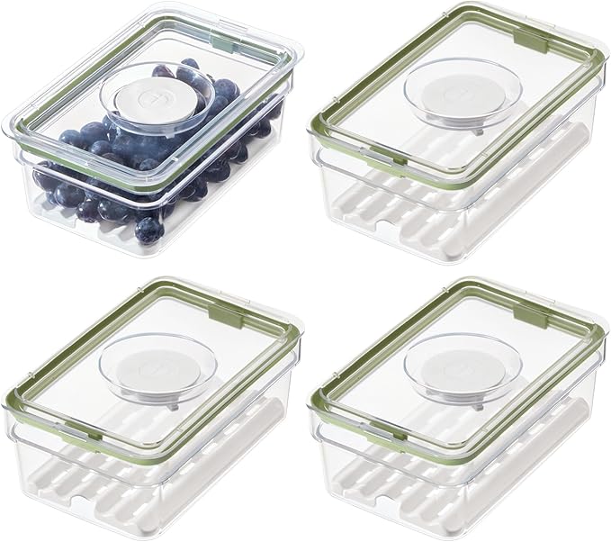 iDesign Medium Fridge Produce Bin with Removable Drainage Tray and Lid - Set of 4 - Clear