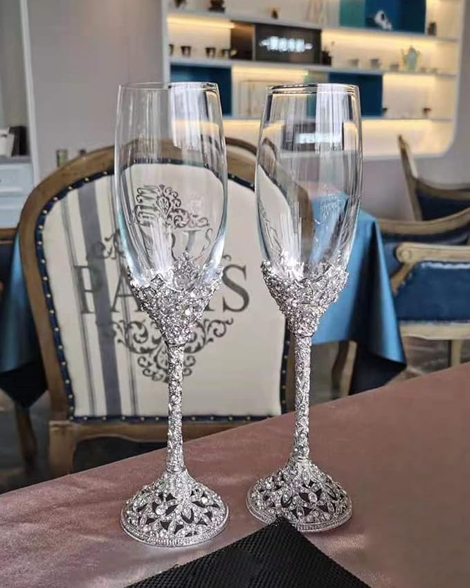 Champagne Flutes - Crystal Glass Metal Base With Crystal Stones, Set of 2 Toasting Flute Pair, Wedding Anniversary Party Birthday Banquets and Gifts for Bride and Groom(Silver)