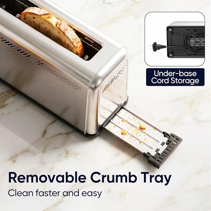 Seehot® Slim Long Slot Stainless Steel Toaster, Toaster 2 Slice Wide Slot with 10.24 x 1.5 in Slot, Bagel Defrost Cancel, 7 Shades, Crumb Tray