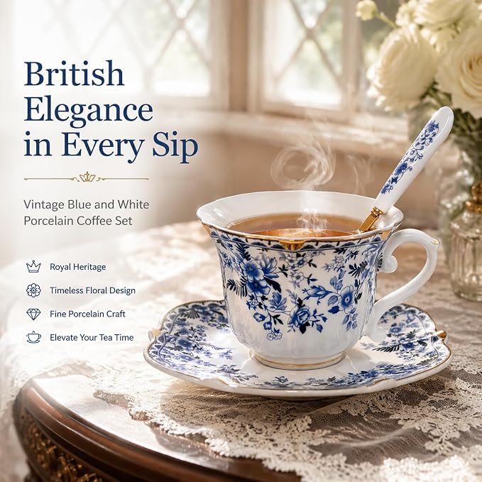 Noviko Porcelain Tea Cup and Saucer with Spoon Vintage Floral Teacup, 6 oz | Set of 2, Scalloped Edge Cup, Elegant Gift, Suitable for Afternoon Tea, Cappuccino, Espresso, Coffee