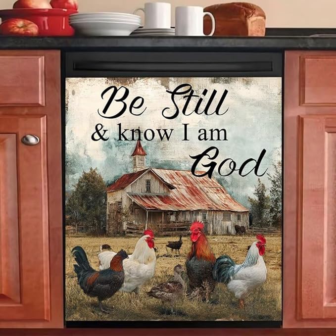 Farmhouse Chicken Front Door Dishwasher Magnet Cover,Decorative Be Still and Know That I am God Text Panel Sticker,23x26 Inch Magnetic Dishwasher Cover for Refrigerators and Appliances