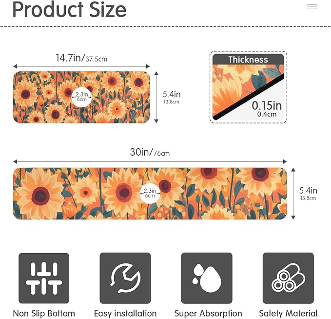 Kitchen Sink Splash Guard 2 PCS 14.7 Inch Sink Faucet Mat Splash Guard for Bathroom Countertop Water Absorbent Foldable Cuttable Soft Washable Orange Sunflowers and Poppy Flowers