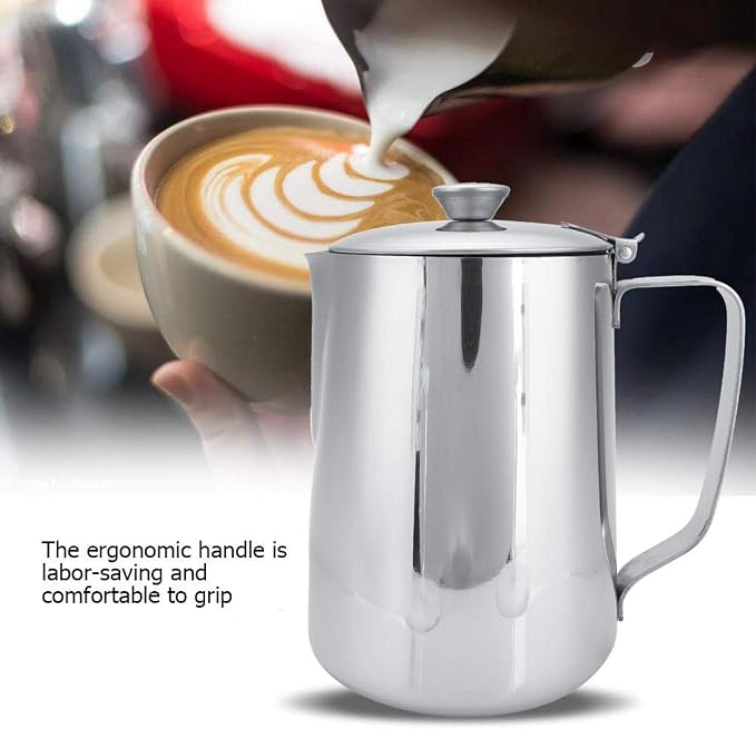 Stainless Steel Milk Frothing Pitcher 600 ml with Lid, Latte Art Pouring Coffee Jug for Home Barista Cappuccino and Steam Wand Steam Pitcher Use