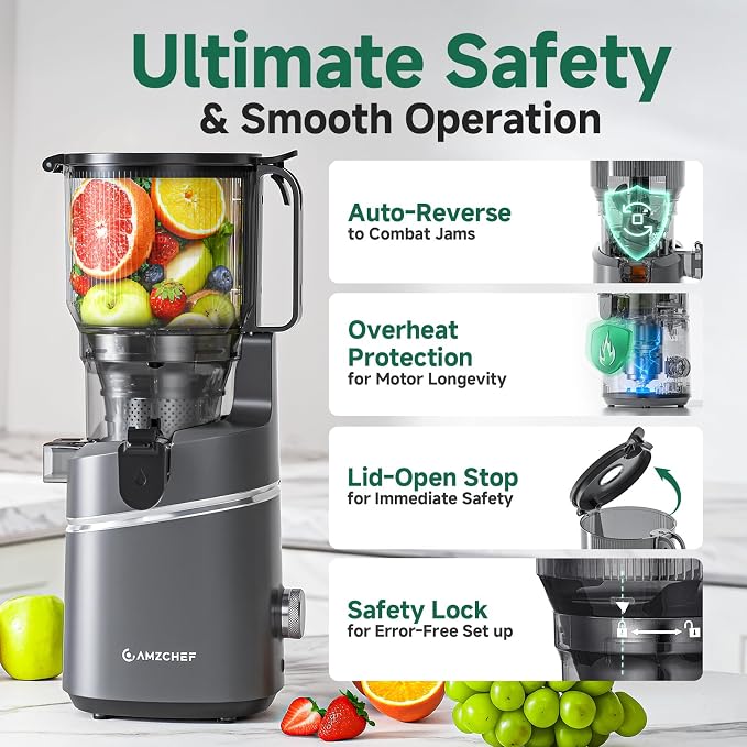 AMZCHEF Cold Press Juicer – 6.5" Wide Mouth Hopper for Whole Recipe Loading, Self Feeding for Hands-Free Operation, Zero Waste Masticating Juicer For More Juice, Less Pulp – Triple Strainers