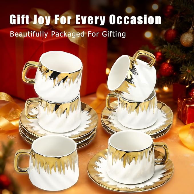 Coffee Cup Set of 6 with Saucers, 3.5 OZ Ceramic Espresso Cups Set, Gold Trim Turkish Coffee Cup Gift for Double Shot, Latte, Cafe Mocha and Tea, Dishwasher & Microwave Safe
