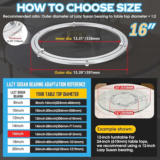 Lazy Susan Hardware,16 inch Heavy Duty Lazy Susan Bearing Kit,Rotating Serving Turntable for Aluminium Alloy Turntable Bearing,Swivel Base Hardware for Dining Table,DIY,Display Stand,Workbench