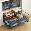 Expandable Pull Out Cabinet Organiser, No Drill Adhesive Slide Out Kitchen Drawer Shelf Durable Metal for Under Sink, Cupboard, Pantry, Adjustable Width (12.8"-19.7") (Style A Black, 2 Pack)