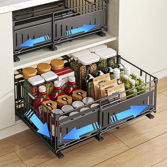 Expandable Pull Out Cabinet Organiser, No Drill Adhesive Slide Out Kitchen Drawer Shelf Durable Metal for Under Sink, Cupboard, Pantry, Adjustable Width (12.8"-19.7") (Style A Black, 2 Pack)
