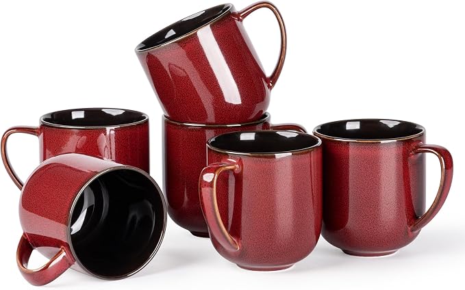 LERATIO 12OZ Ceramic Coffee Mugs Set of 6, Large Porcelain Coffee Cups With Large Handle For Latte,Cappuccino,Milk,Cocoa,|Dishwasher&Microwave Safe Mug Sets,Ideal for Man,Woman,Dad, Mom-Red