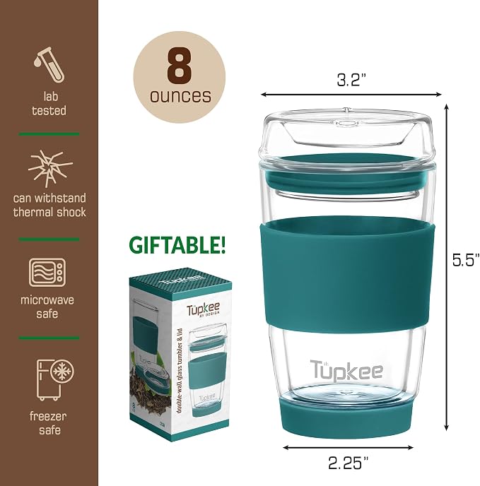 Double Wall Glass Tumbler - 8-Ounce, All Glass Reusable Insulated Tea/Coffee Mug & Lid, Hand Blown Glass Travel Mug - Cyan