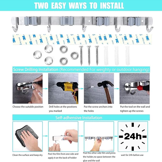 Broom Mop Holder Wall Mount Stainless Steel Tool Hanger Storage Organizer for Home, Kitchen, Garage, Garden, Laundry Room, Bathroom Organization and Storage(4 Racks 5 Hooks)