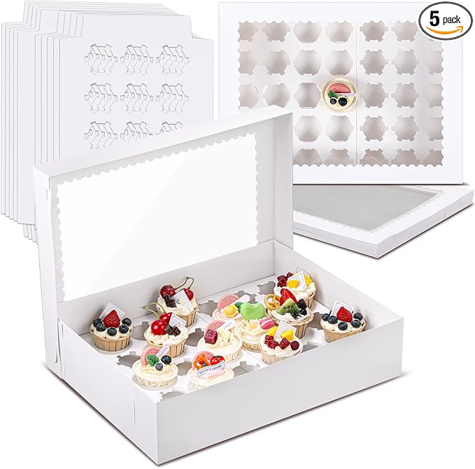 AmazingSpark 5 Pack 35 Count Cupcake Boxes, Mini Cupcake Containers, 16.9 x 13 x 4 Inch White Disposable Bakery Boxes with Window and Inserts for Birthday Holiday Party Bakery Desserts