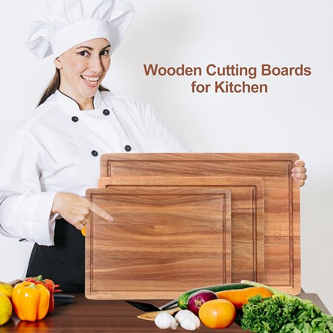 Solid Wooden Cutting Board Set of 3 Acacia Wood Charcuterie Boards Set Hardwood Meat Chopping Board Butcher Blocks Safe Non Toxic Large Cutting Boards for Kitchen Decor Bread Serving Cheese Board