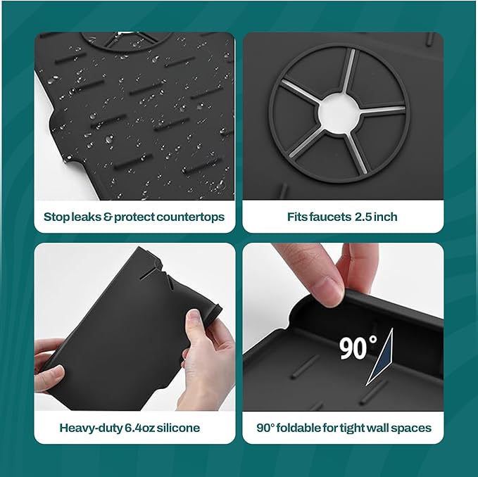 3-Pack Silicone Faucet Mat (14.75”) for Kitchen & Bathroom Sink, Extra-Wide Drip Catcher & Splash Guard Set, Quick-Draining Countertop Protector for Sponge, Soap, and Accessories