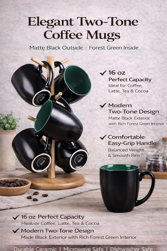 GBhome 16oz Coffee Mugs Set of 6, Large Ceramic Coffee Mugs for Man, Woman, Dad, Mom, Modern Coffee Mugs Set with handle for Tea/Latte/Cappuccino/Milk/Cocoa. Dishwasher&Microwave Safe,Green