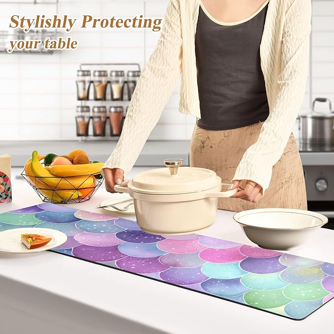2 in 1 Table Runner Trivet for Hot Pots and Pans Heat Resistant Non Slip Waterproof 39 x 12 Inch Decorative Table Protector for Kitchen Countertop Watercolor Mermaid Scales Colors