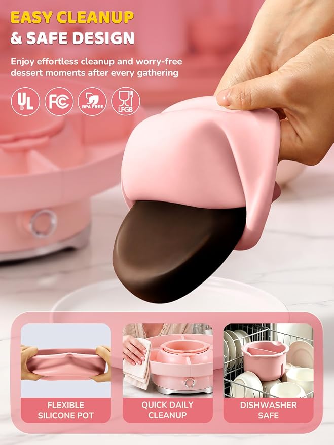 LUSHYUM Electric Chocolate Fondue Set, 4-Cup Chocolate, Rotating Tray | Melt & Warm Modes, Dual Silicone Inserts, 6 Color-Coded Forks, Easy-Clean, Ideal for Candy Melts, Couple Family, Date Night