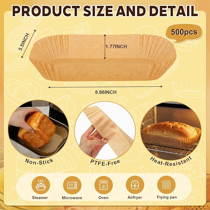500 Pcs Air Fryer Liners Disposable Parchment Baking Paper Liner Rectangle Non-stick Accessories for Loaf Pan, Air Fryer & Oven, 8.6 x 5.5 Inch, Brown