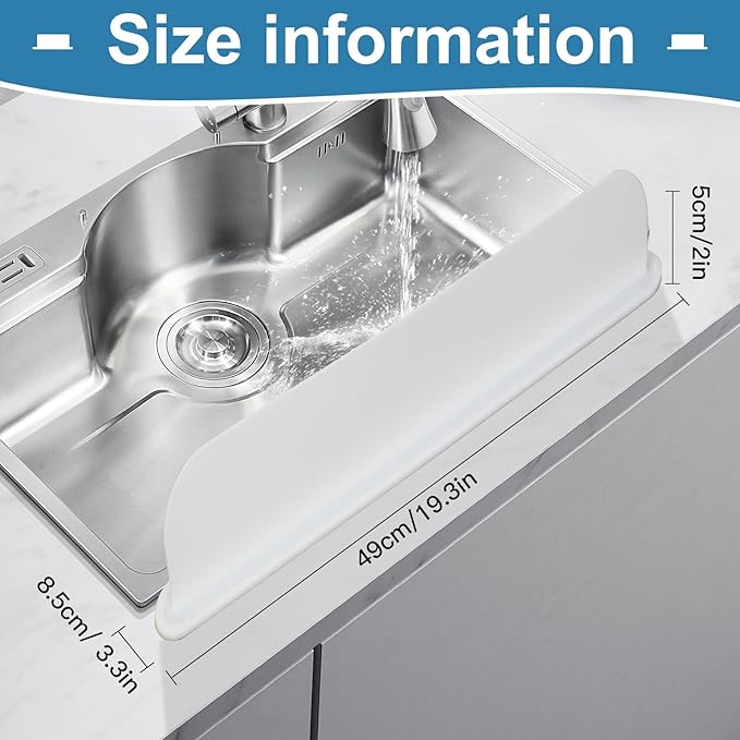 Silicone Sink Splash Guard – Extra-Long 19.3" Water Protector for Kitchen & Bathroom, No-Slip, Heat-Resistant, Dishwasher Safe (19.3 * 3.3 * 2in) (White)