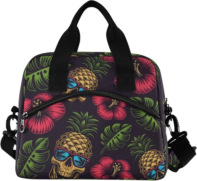 Hawaiian Pineapple Skull Insulated Lunch Bag Reusable Lunch Tote Bag Cooler Bag for Women Men Adult Lunch Box with Adjustable Shoulder Strap Leakproof Lunch Bag for Work School Picnic Camping