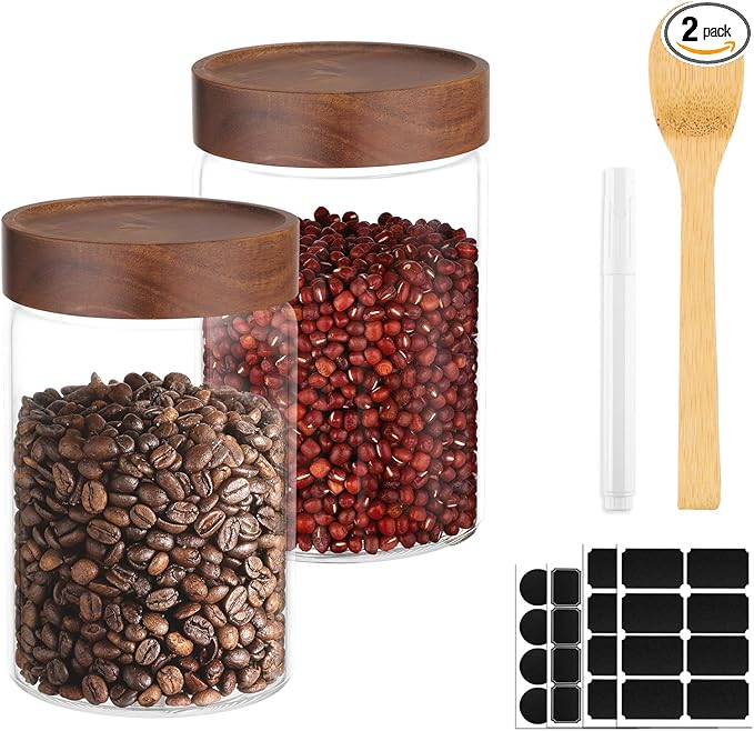 Glass Jars with Airtight Lids, 2 Pack 29oz Glass Mason Jars with Wood Lids, Wooden Screw-on Top Coffee and Sugar Containers for Pantry Storage, Tea, Cereal, Oats, Flour, Cookie, Candy