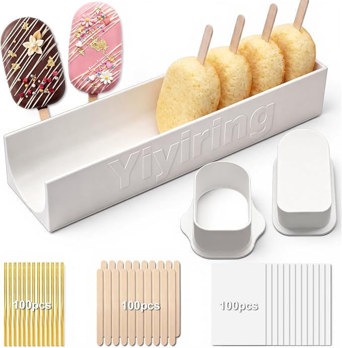 3in Cakesicle Cutter with 9in Tray, Cakesicle Mold Set with 100 Sticks, 100 Bags and 100 Ribbons, Baking Tools for Home Baking, Birthday Parties, Wedding Desserts(White,3in,Single Slot)