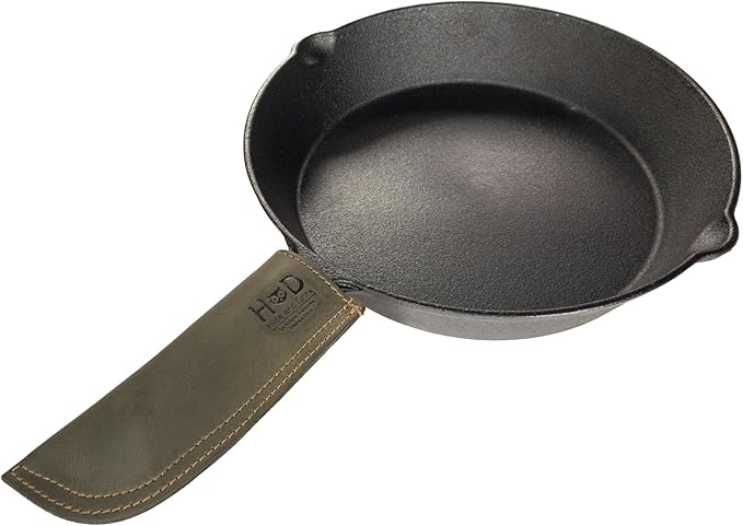 Hide & Drink, Full Grain Leather Hot Handle, Cast Iron Protector, Panhandle Potholder, Double Layered, Double Stitched, Slides On/Off Easily onto Metal Skillet Grips, Handmade, Dark Jade
