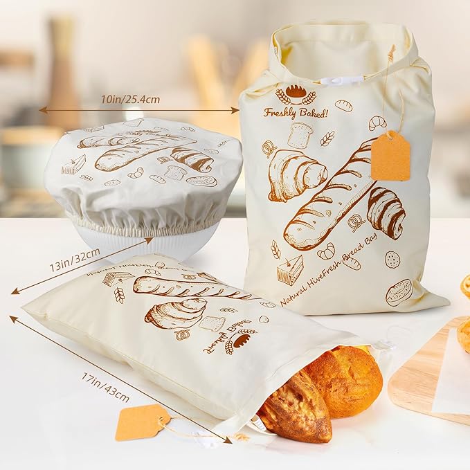 2 Pack Beeswax Bread Bags for Sourdough - Reusable Washable Cotton with Removable Wax Liner, Proofing Cover & DIY Writable Labels, Plastic Free Eco-Friendly Camping Ready (17x13 Inch)