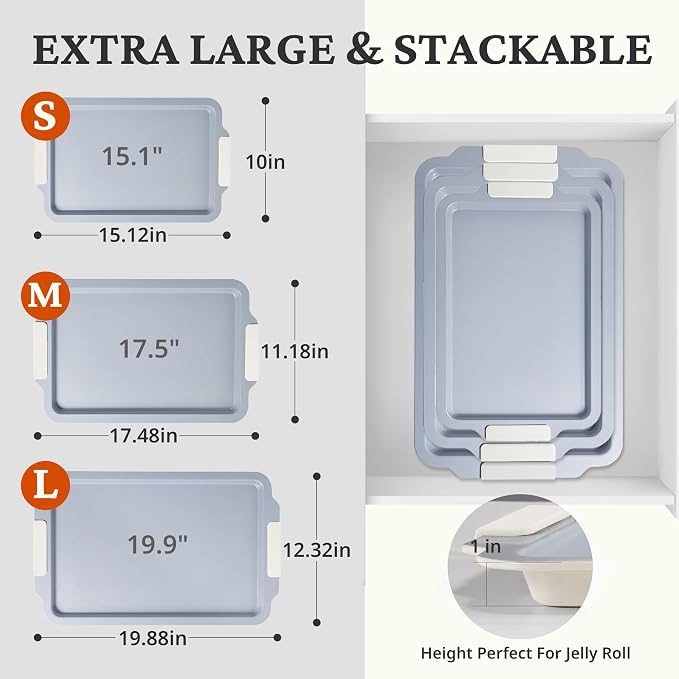 BRONYPRO Non Stick Ceramic Baking Sheet Pan Set of 3, Non Toxic Cookie Sheets (PFAS/PFOA/PTFE Free), Aluminized Steel Oven Trays with Silicone Handles, Rust-Resistant, Warp-Resistant to 500°F, Cream