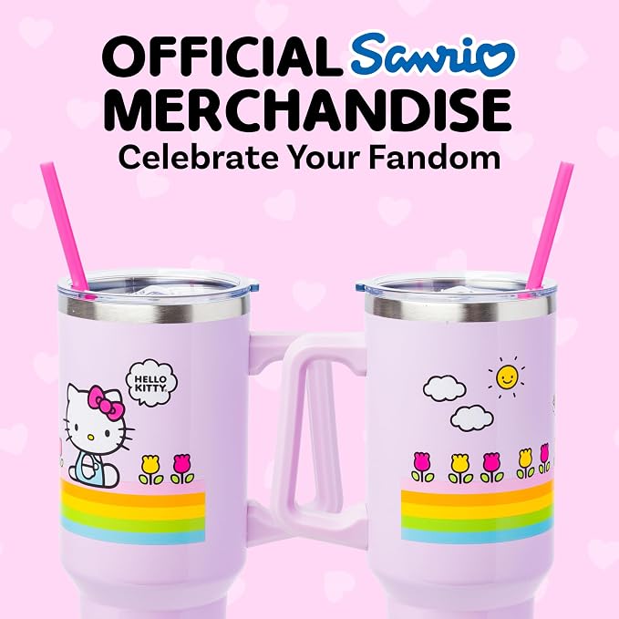 Silver Buffalo Sanrio Hello Kitty Spring and Summer Flowers Rainbow Stripes Double Walled Stainless Steel Tumbler with Handle and Straw, Fits in Standard Cup Holder, 40 Ounces