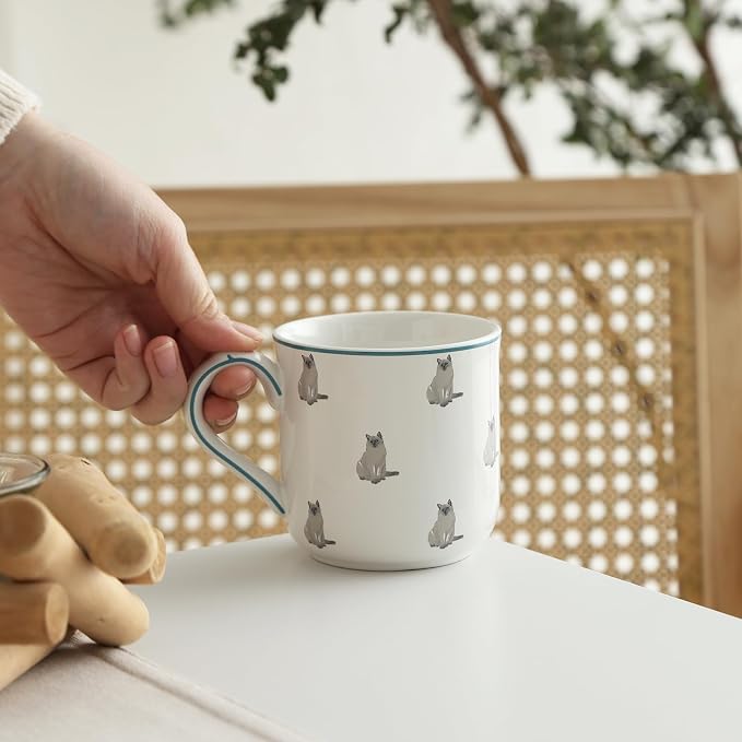 London Pottery 250ml/8.5-Ounce Ceramic Drinking Cup with Handle, Porcelain Mug for Hot Coffee, Tea, or Cocoa, Microwave, Dishwasher, Freezer Safe (Cat，Mug，250ml)