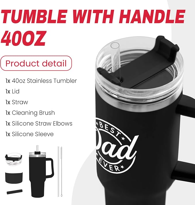 SANDJEST Best Dad Ever Tumbler with Handle - 40oz Stainless Steel Insulated Coffee Cup - Gift Set with Lid & Straw for Father’s Day, Birthday, Christmas