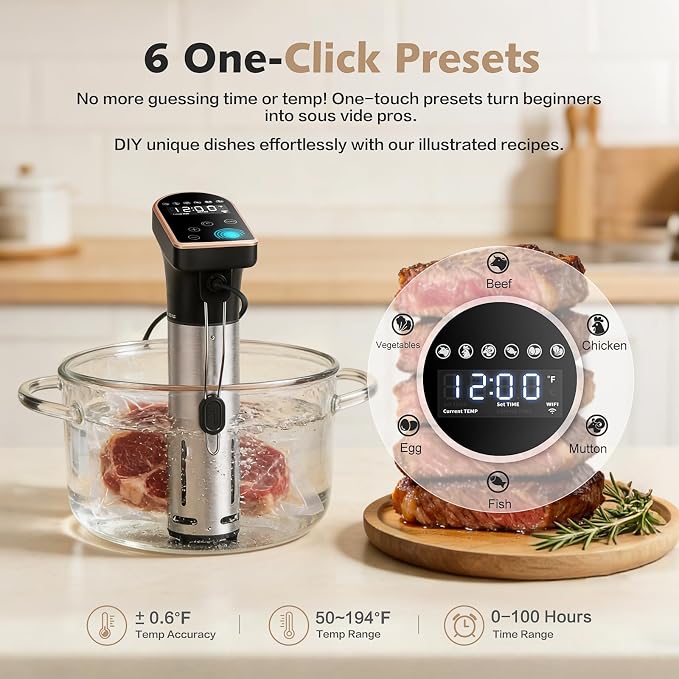 1300W Sous Vide Cooker | Quiet Immersion Circulator with Brushless Motor, IPX7 Fully Waterproof, 6 One-Touch Presets,No APP